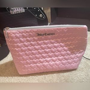 Soft pink satin/silk juicy couture makeup wedge bag with embroidered heart print